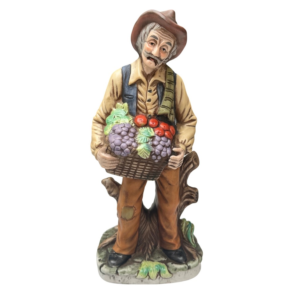 Vintage Ceramic Figurine Old Farmer Holding Basket of Fruit Trinket Shelf